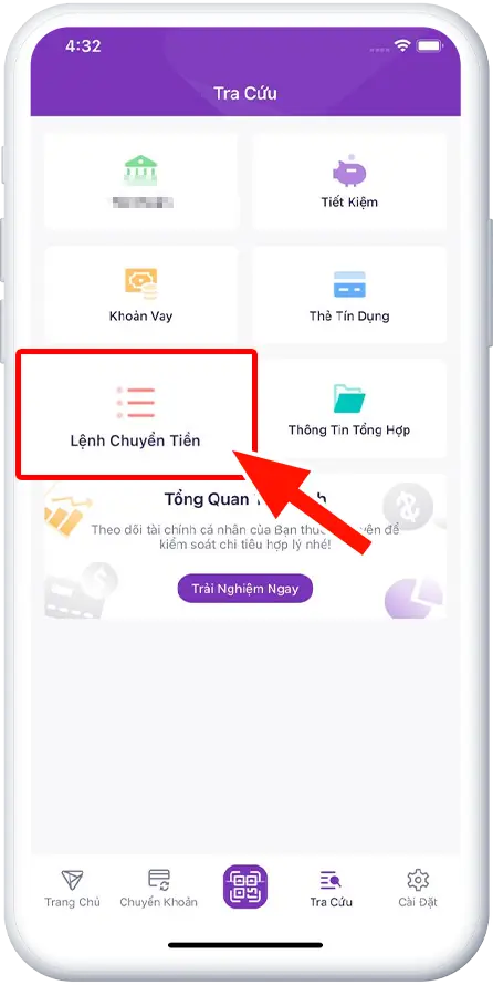 Bước 2 : Chọn tra cứu Lệnh chuyển tiền